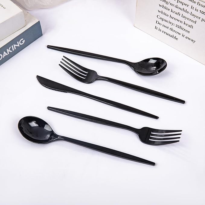 PULOTE 150PCS Black Plastic Silverware Set Disposable - Heavy Duty Black Plastic Cutlery - Black Plastic Utensils Set Include 50 Forks,50 Spoons,50 Knives for Party&Graduation