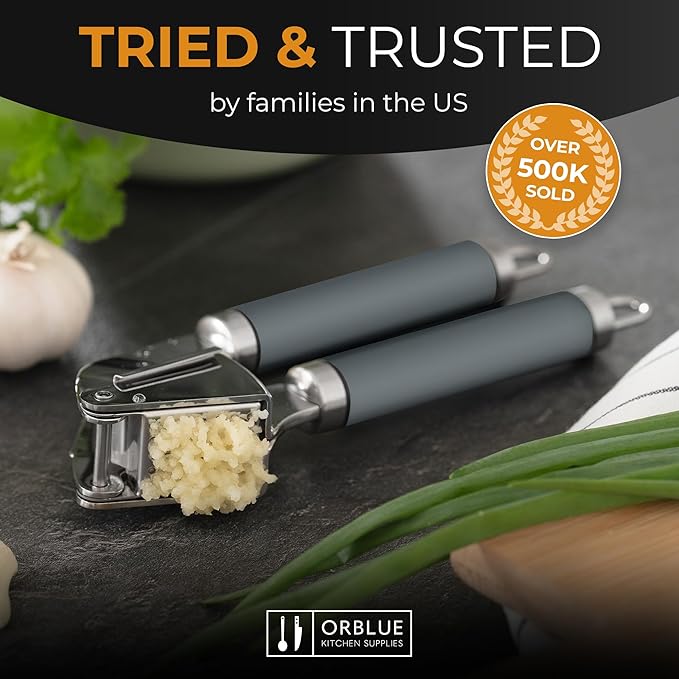 ORBLUE Garlic Press and Peeler Set, Stainless Steel - Professional Grade Mincer, Crusher - Dishwasher Safe & Rust-proof, Gray