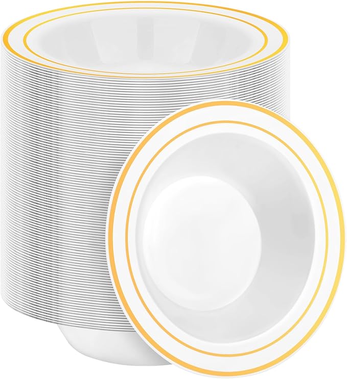 BESTSTAR 200 Pack Disposable Soup Bowls with Gold Rim