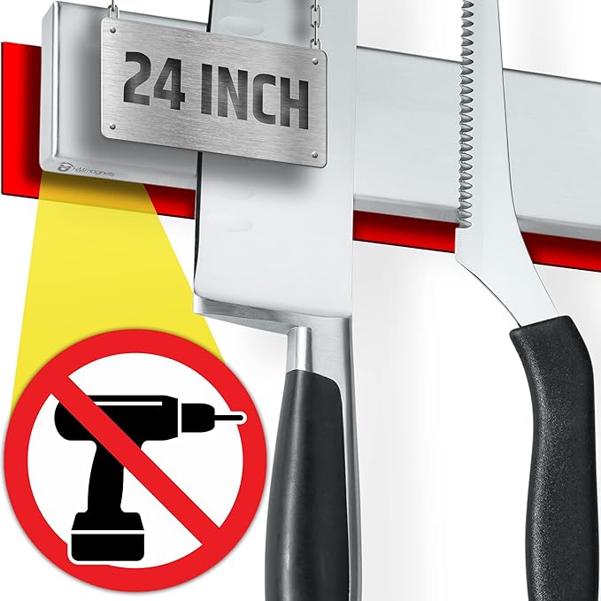 24" Strong Adhesive (No Drill) Magnetic Knife Holder for Wall - Professional Knife Strip - No Screws Needed - Adhesive Backing - Stainless Steel Knife Bar (Upgraded Version – Will Not Fall)