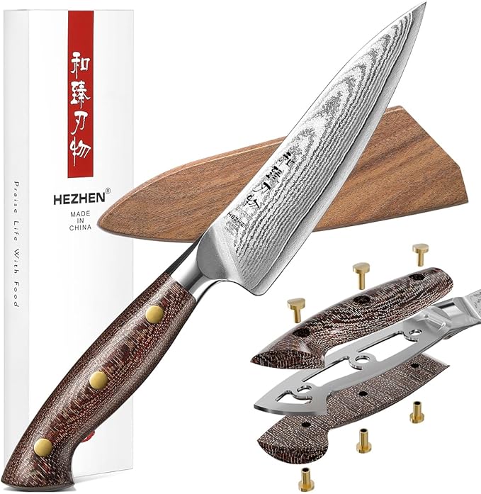 HEZHEN 5.3'' Utility Knife with Sheath – 67 Layers Damascus Steel, Kitchen Petty Knife for Trimming, Peeling & Slicing, Ergonomic Micarta Handle
