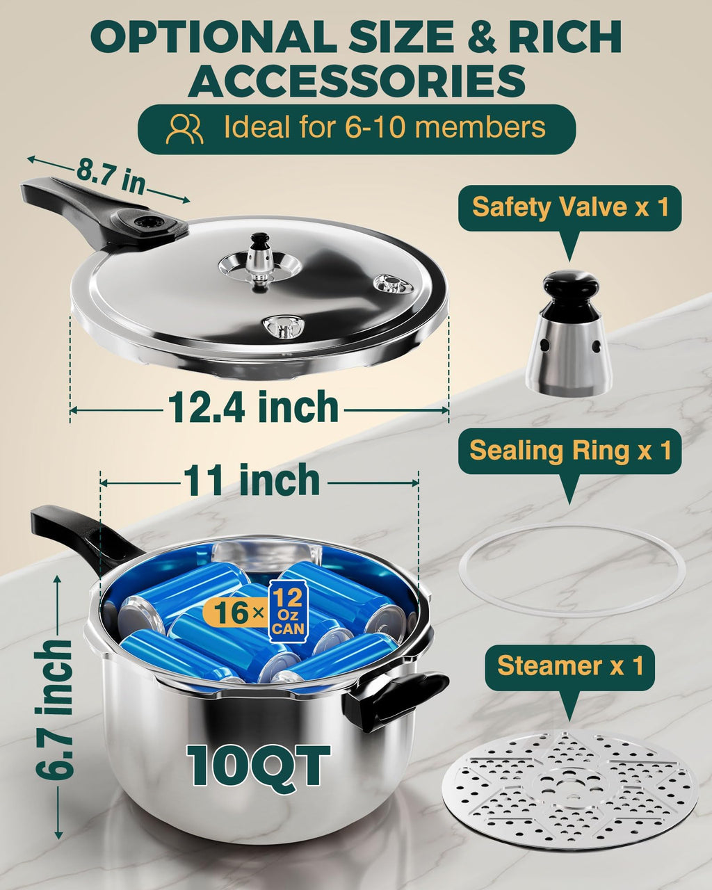 WantJoin Stainless Steel Pressure Cooker(Non-Aluminum),10 Quart Induction Compatible Pressure Cooker with Spring Valve Safeguard Devices,Compatible with Gas & Induction Cooker