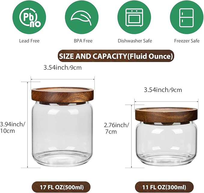 piconesper 2PCS Small Glass Storage Jars with Airtight Lids, 11 fl oz (300ml) coffee container with Wooden Lid, Glass Pantry Canister for Beans, Rice, Sugar and etc