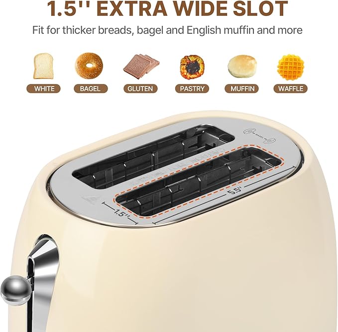 Culinaid Toaster 2 Slice Smart Touch Screen, Retro 1.5'' Extra Wide Slot Stainless Steel Digital Bread Toaster with Memory Function, Bagel, Defrost, 6 Browning Levels and Removable Crumb Tray, Cream