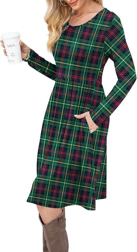 DB MOON Womens Casual Long Sleeve Dresses Empire Waist Knee Length Loose Dress with Pockets (DBL Green Plaid, 3XL)