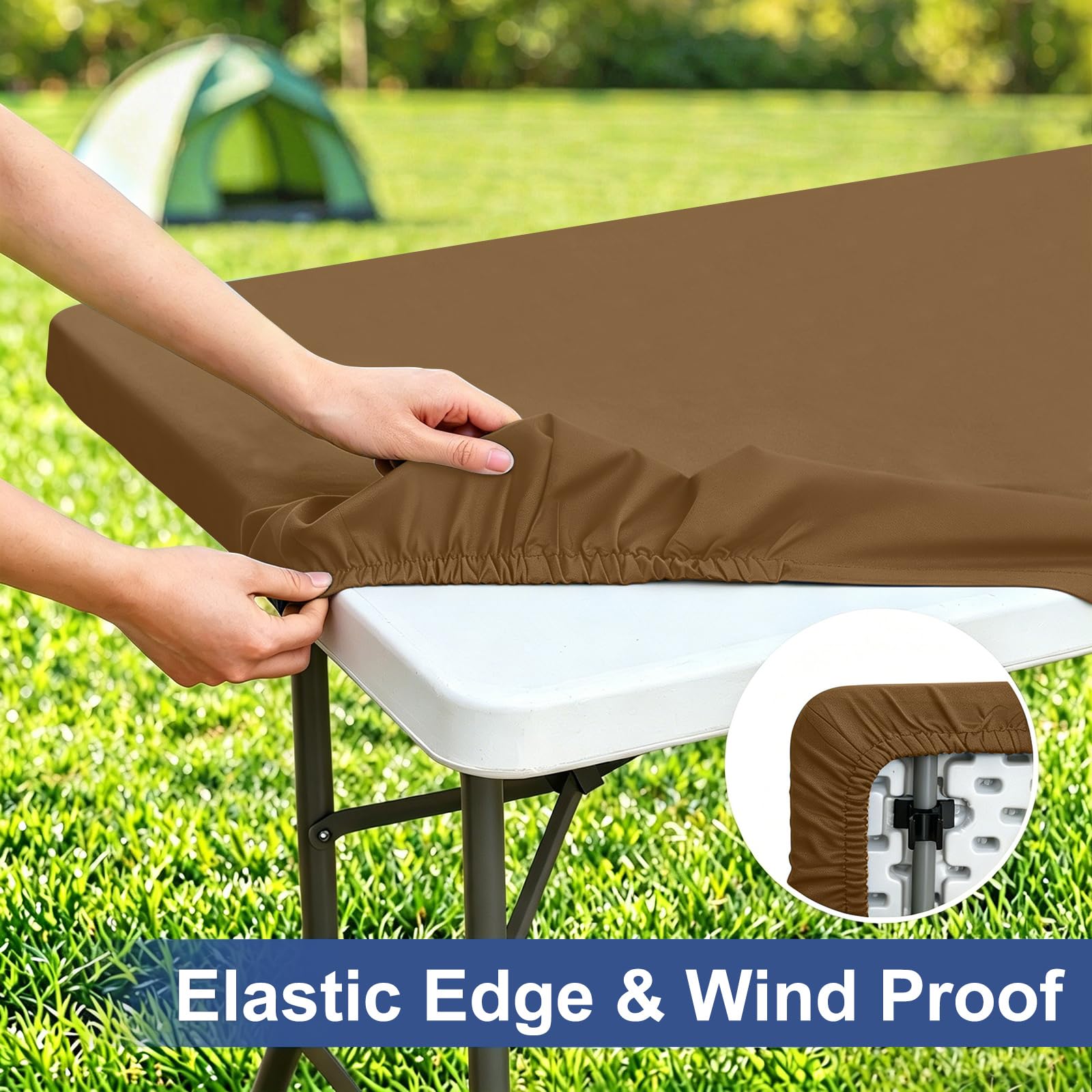 homing Rectangle Table Cloth Cover, Water-Resistant Polyester Elastic Fitted Tablecloth, Fits for 4 Foot Folding Tables, Washable Table Protector for Picnic, Camping, Outdoor (Brown, 24" x 48")