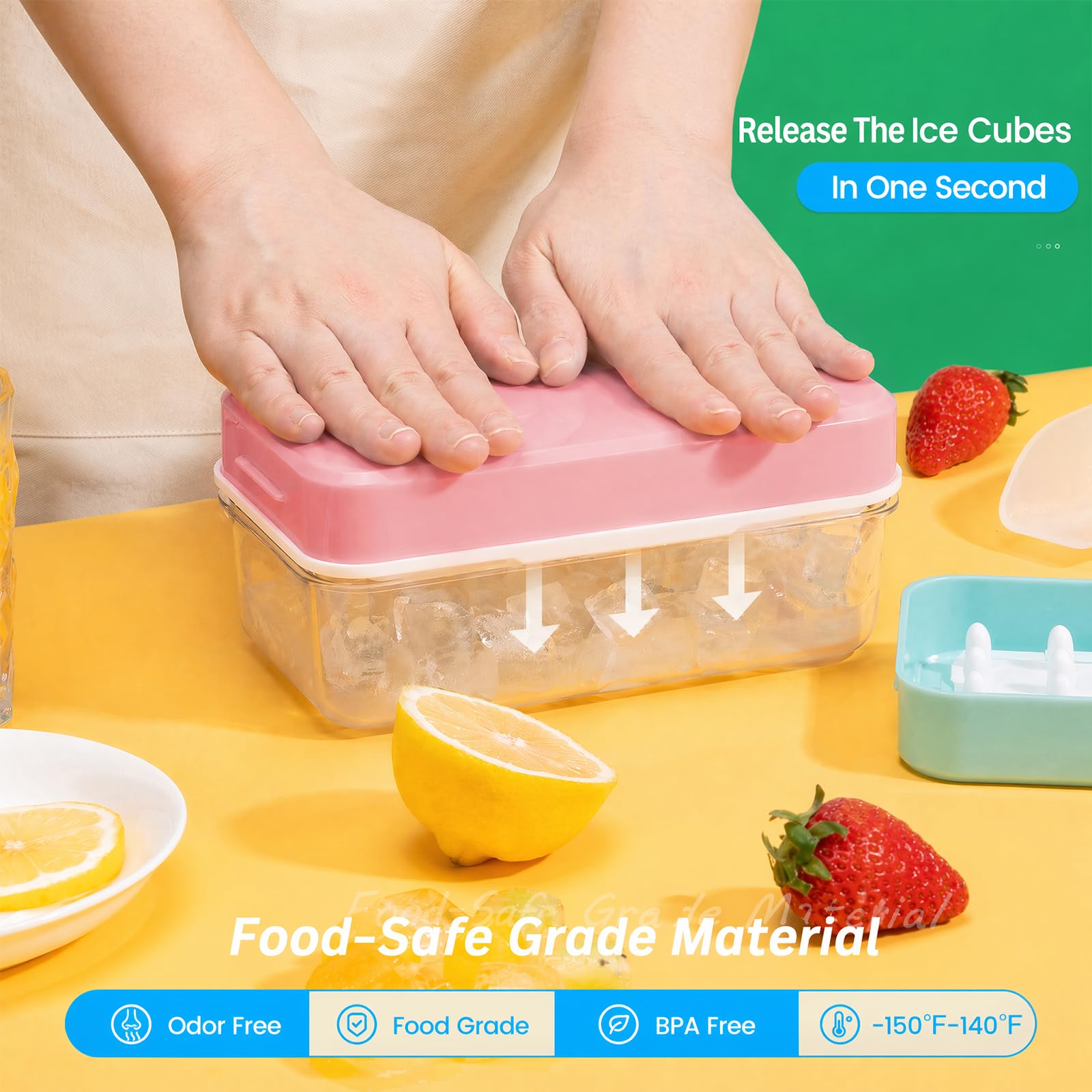 PHINOX Ice Cube Tray with Lid and Bin, Easy Release 84 Cubes for Freezer