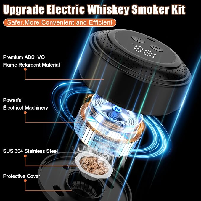 Electric Whiskey Smoker Kit, Rechargeable Cocktail Smoker Kit with 6 Wood Chips, Built-in Lighter, No Butane Needed, Old Fashioned Smoker kit，Gifts for Men, Dad, Husband (Black)