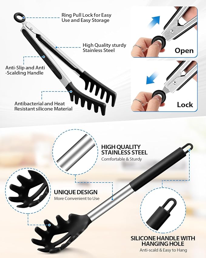 Spaghetti Spoon and Pasta Tong, 2 Pack (BLACK)