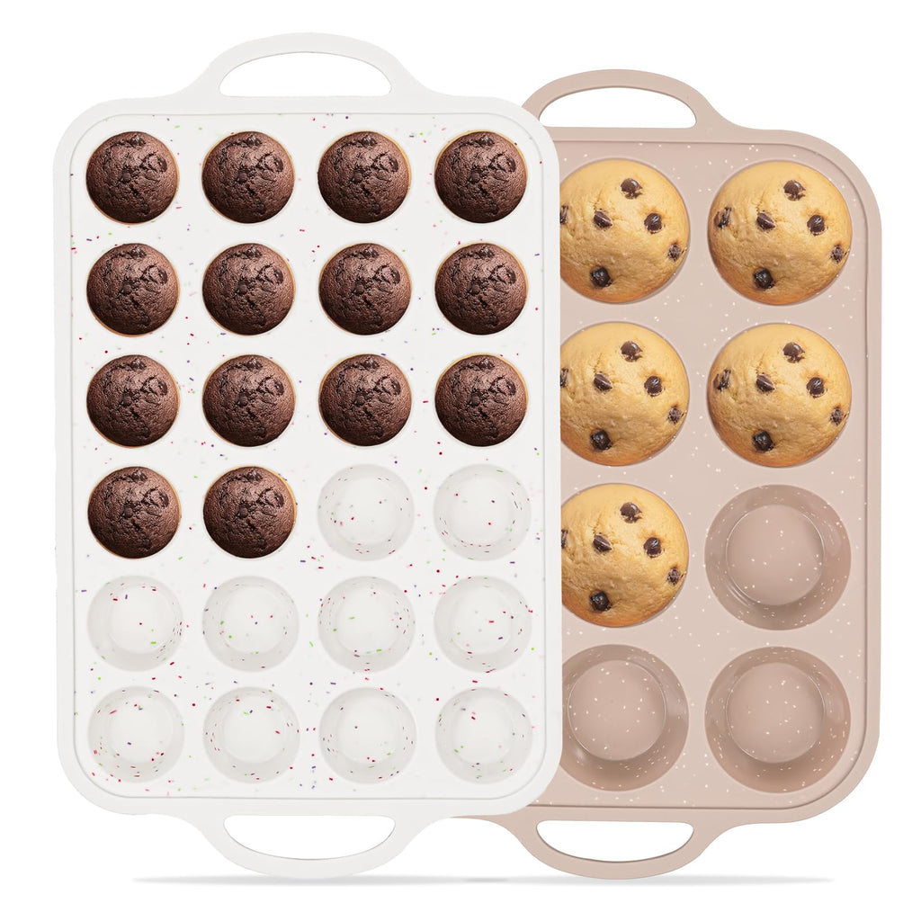 Vinino 2Packs Silicone Muffin Pans for Baking with Metal Reinforced Frame, 12 Cups Regular and 24 Cups Mini Nonstick Cupcake Pan, BPA Free Oven Dishwasher Safe Baking Mold for Muffins Cupcakes