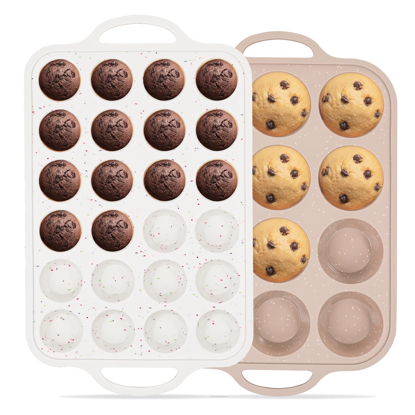 Vinino 2Packs Silicone Muffin Pans for Baking with Metal Reinforced Frame, 12 Cups Regular and 24 Cups Mini Nonstick Cupcake Pan, BPA Free Oven Dishwasher Safe Baking Mold for Muffins Cupcakes