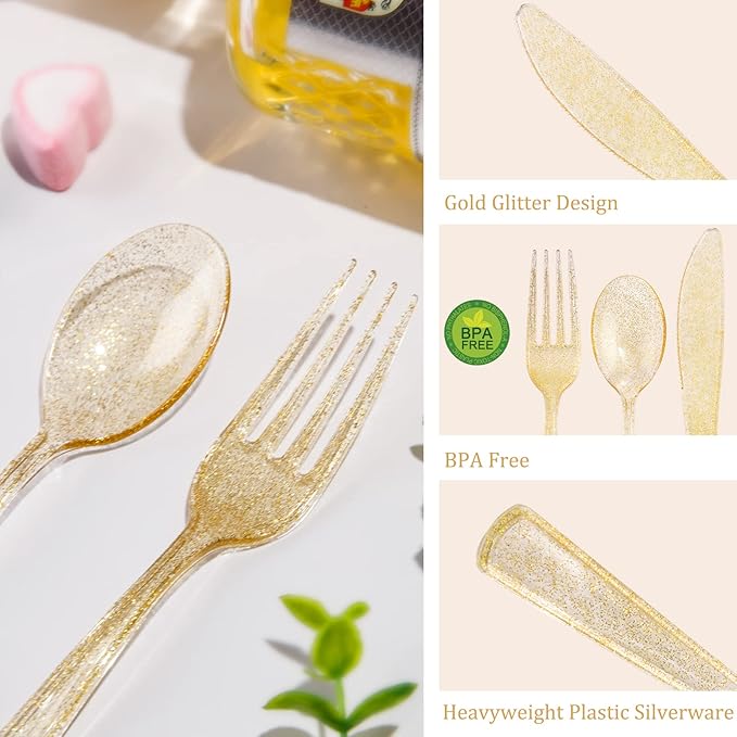 Supernal 300pcs Gold Glitter Plastic Silverware, Disposable Cutlery Set