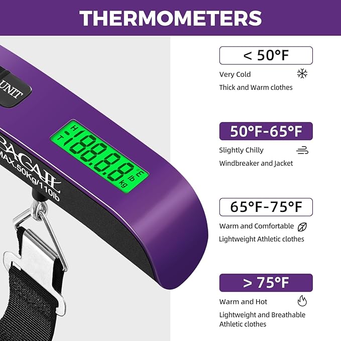 BAGAIL Digital Luggage Scale, 110lbs Hanging Baggage Scale with Backlit LCD Display,Portable Suitcase Weighing Scale,Travel Luggage Weight Scale with Hook,Strong Straps for Travelers(Purple)