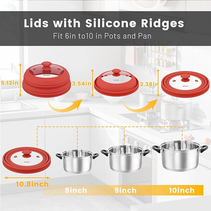 Microwave Splatter Cover, Vented Silicone & Glass Anti-Splatter Lid with Handle, Collapsible Food Plate Cover Fits 6–11 Inch Plates and Bowls (Red, 10.8inch)