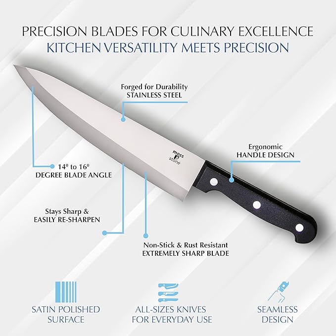 Moss & Stone 14 Pcs Kitchen Knife Set with Block, Stainless Steel