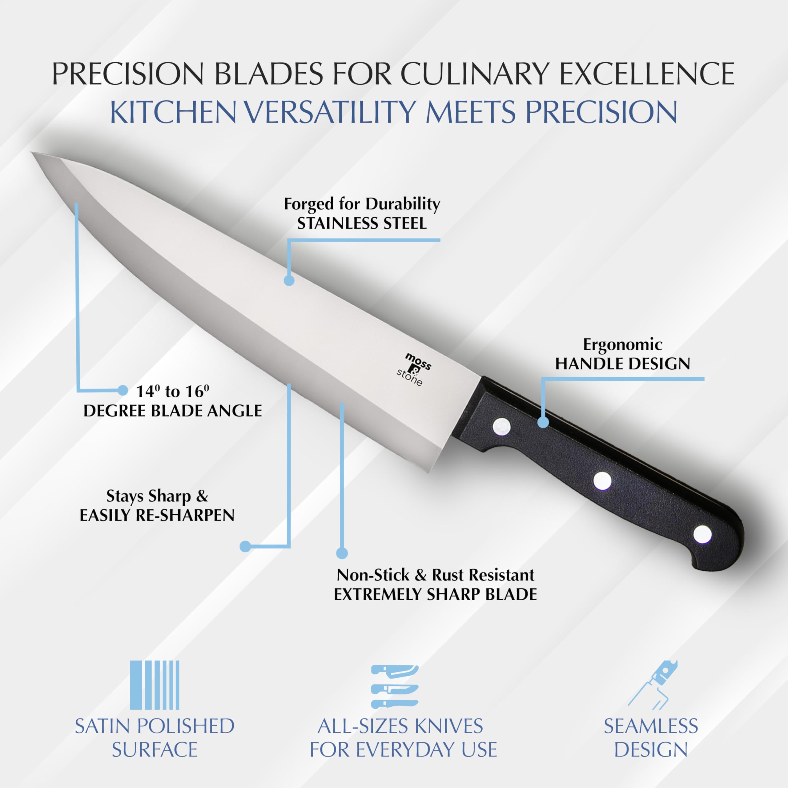 Moss & Stone 14 Pcs Kitchen Knife Set with Block, Stainless Steel