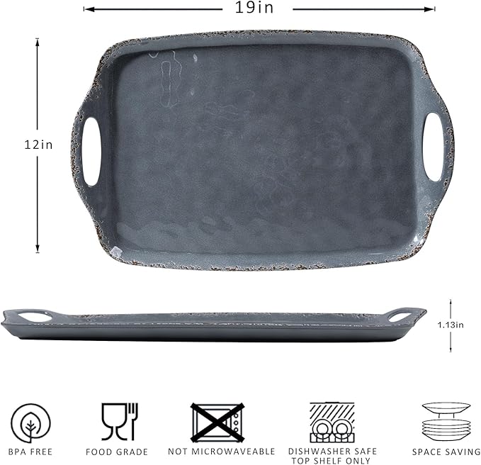 ZAROCRUS Extra Large Serving Tray with Handles, 19 x12 inch, Set of 2, Melamine Platters for Serving Food, Turkey, Cookie, Farmhouse Rectangular Brekfast Tray, Dishwasher Safe, Gray