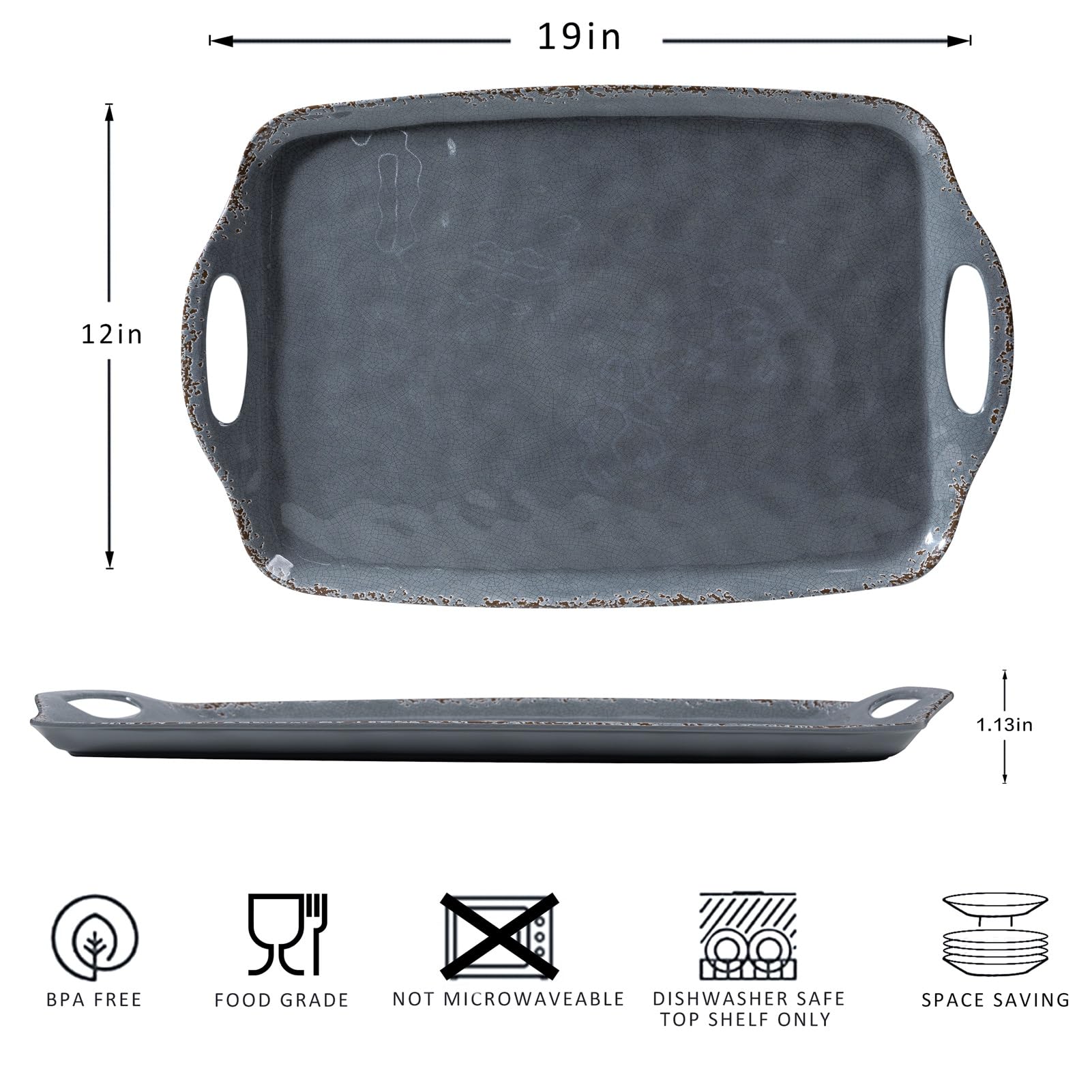 ZAROCRUS Extra Large Serving Tray with Handles, 19 x12 inch, Set of 2, Melamine Platters for Serving Food, Turkey, Cookie, Farmhouse Rectangular Brekfast Tray, Dishwasher Safe, Gray