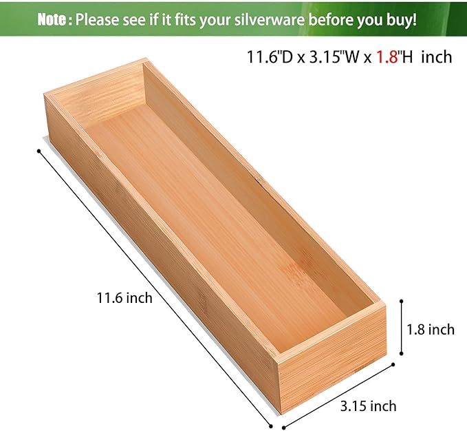 guiogc Silverware Drawer Organizer, Utensil Organizer, Bamboo Storage Box Wood Tray for Drawer Set of 2