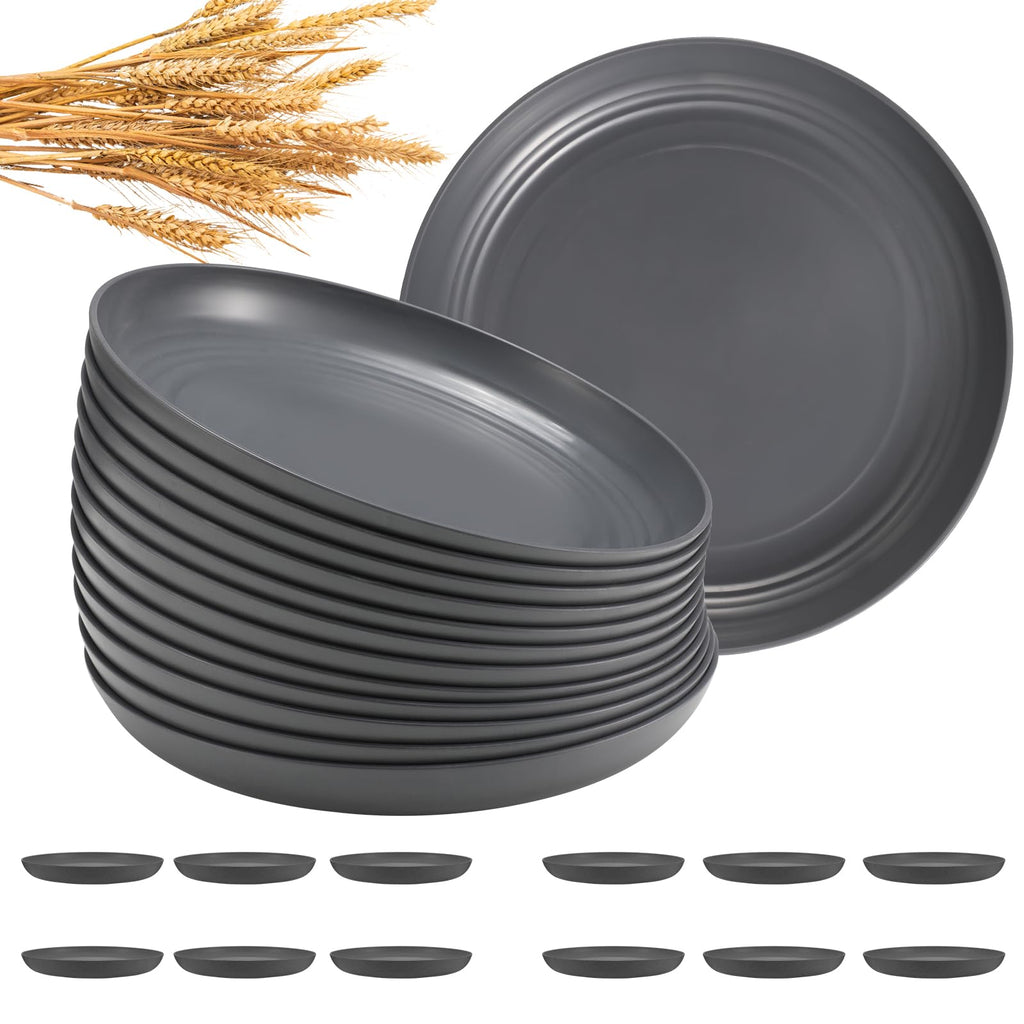 HEYCOME 12 Pcs Unbreakable Deep Dinner Plates Set, 9 inch Reusable Plastic Wheat Straw Plates, Microwave and Dishwasher Safe Plate for Kitchen, Lightweight Plate for Dessert, BPA Free, Dark Gray