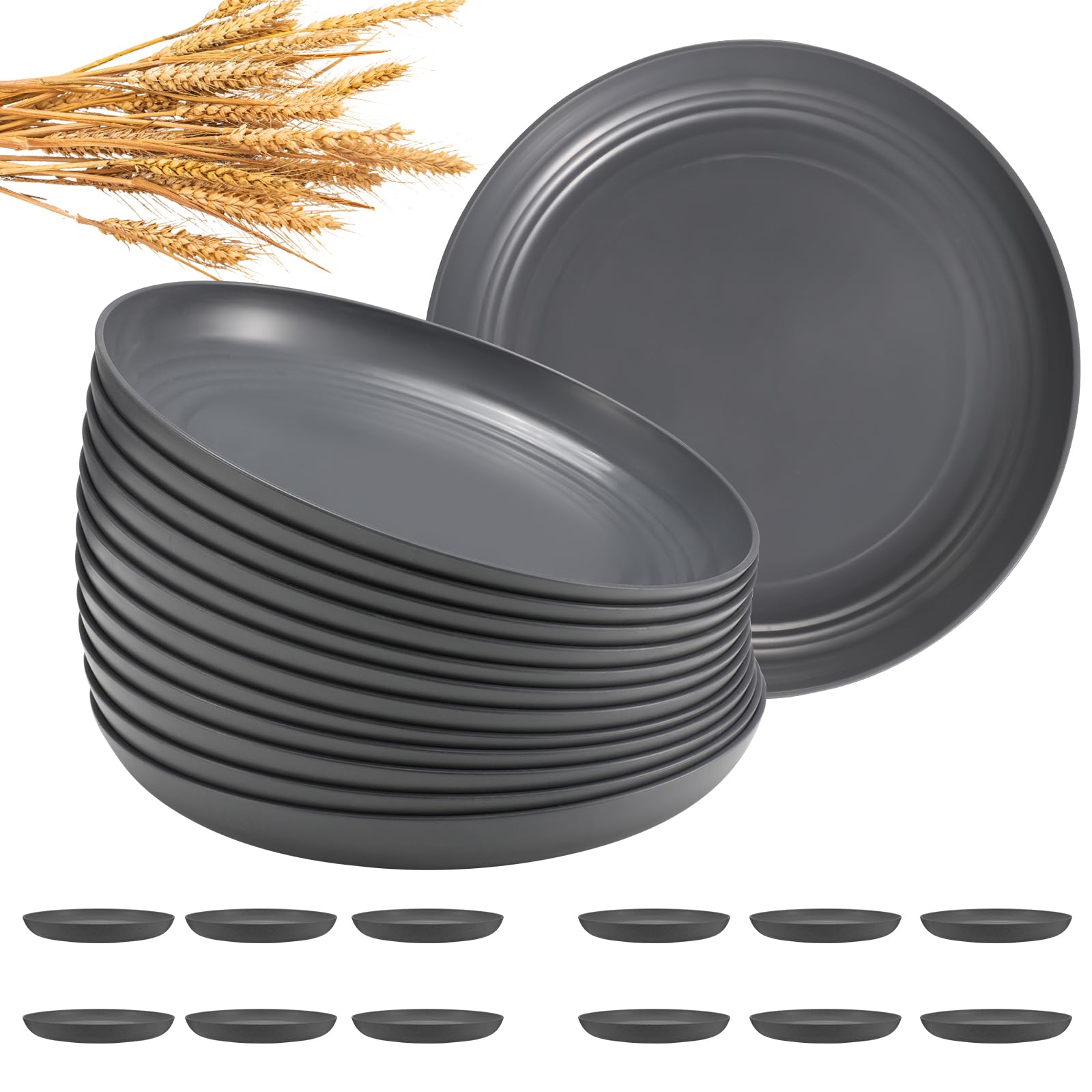 HEYCOME 12 Pcs Unbreakable Deep Dinner Plates Set, 9 inch Reusable Plastic Wheat Straw Plates, Microwave and Dishwasher Safe Plate for Kitchen, Lightweight Plate for Dessert, BPA Free, Dark Gray