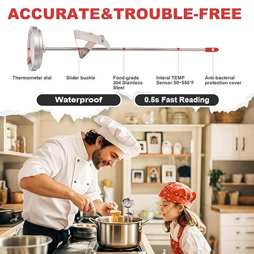 Telead Candy Thermometer Waterproof IP67 - Oil Thermometer for Frying with Clips - 9" Side of Pot Thermometer Deep Fry for Oil Candy Candle BBQ (Silver 2 PCS, 9 inches)