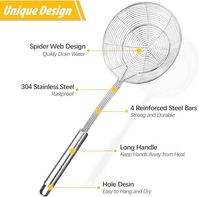 BUNDLEPRO Large Stainless Steel Spider Strainer Long Handle, 2 Pack