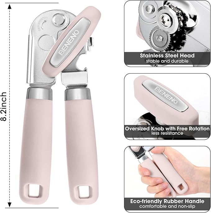 Beneno Heavy Duty Hand Can Opener Manual with Magnet, Light Pink