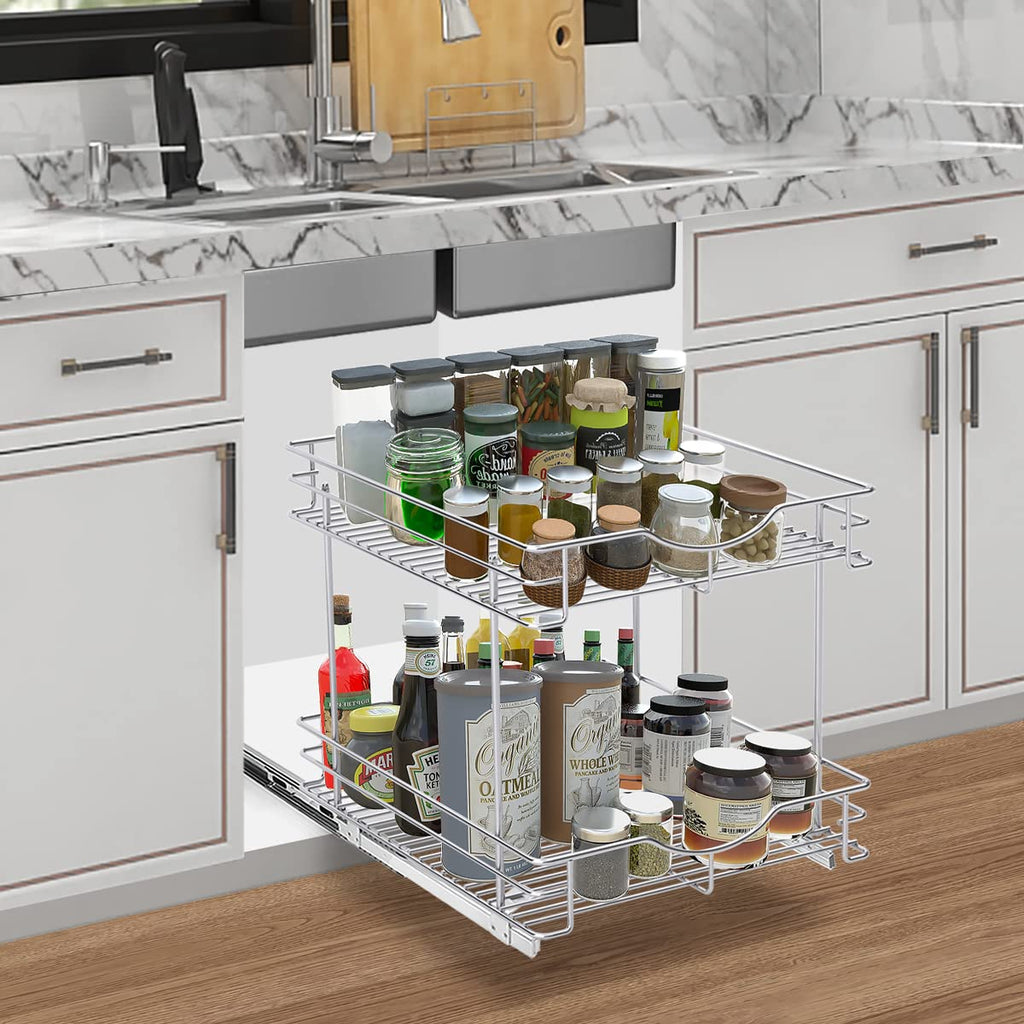 FULGENTE Chrome Finish Pull Out Drawer Cabinet Organizer 2 Tier (14" W X 18" D) Sliding Drawers For Kitchen Cabinets Cookware Organizer Drawer For Cabinet Slide Out Shelves