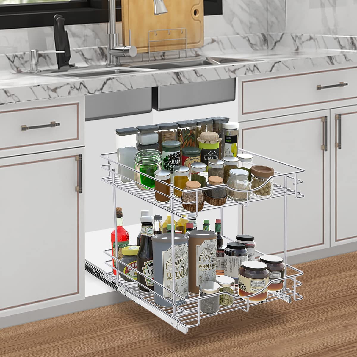 FULGENTE Chrome Finish Pull Out Drawer Cabinet Organizer 2 Tier (14" W X 18" D) Sliding Drawers For Kitchen Cabinets Cookware Organizer Drawer For Cabinet Slide Out Shelves