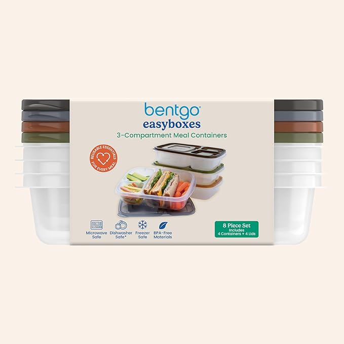 Bentgo Easyboxes Stackable 3-Compartment Bento Lunch Boxes, Set of 4