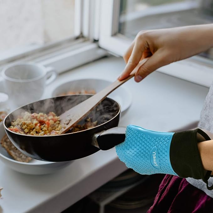 Loveuing Kitchen Oven Gloves - Dual-Layer Heat Resistant Grilling Gloves, Silicone Oven Mitts with 5 Fingers, Waterproof Non-Slip Pot Holder for Barbecue, Cooking, Baking (Small, Blue Long)
