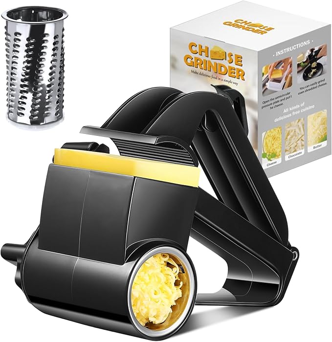 Boao Rotary Cheese Grater Manual Handheld Cheese Grater with Stainless Steel Drum for Grating Hard Chocolate Nuts Kitchen Tool(Black,1 Drum)