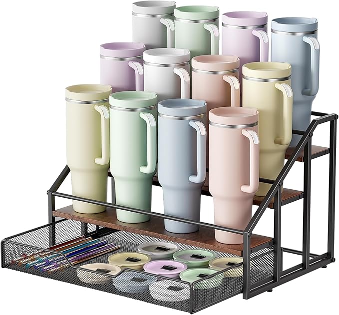 MOJOHAND 4-Tier Stanley Cup Rack with Basket for 12 Tumblers, Natural Wood