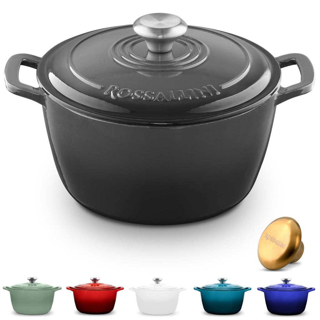 ROSSALLINI Signature Enameled Cast Iron Dutch Oven, Non-Stick Serving Pot with Tight Fitting Lid for Perfect Roasting, Baking, Sauteing, and Bread Making | 4.5Q (4.2L) - Oyster Grey