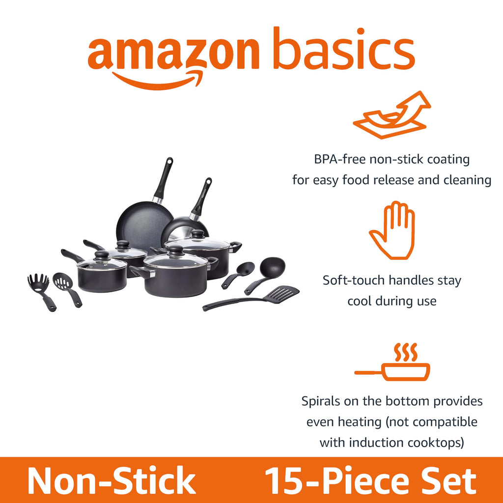 Amazon Basics Non-Stick Kitchen Cookware 15-Piece Set with Stay-Cool Handles, Even Heating, Non-Induction, Includes Pots, Pans, and Utensils, Black