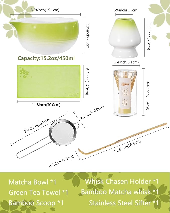 ZENS Premium Matcha Whisk Set, 6pcs Matcha Kit for Tea Ceremony, Green