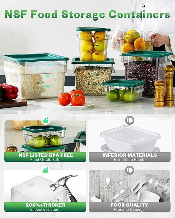 6QT 6PCS NSF Commercial Clear Food Storage Containers with Lids(GREEN)