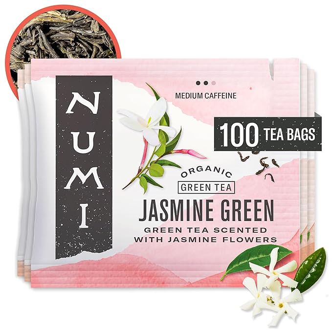 Numi Organic Green Tea with Jasmine, 100 Green Tea Bags with Real Jasmine