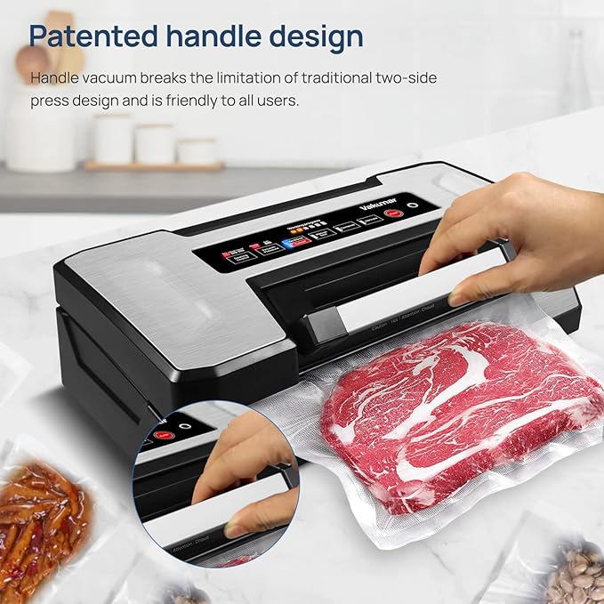 Vakumar Vacuum Sealer Machine, 90Kpa Liquid Food Vacuum Sealer Machine Preservation Dry/Moist/Liquid Modes, LED Indicator Light, Handle Locked Design, Built-in Cutter and Bag Storage, Starter Kit