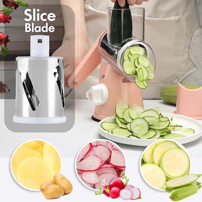 Ancevsk Rotary Cheese Grater with Handle, Round Mandoline Speed Kitchen Slicer, 3 in 1 Multifunctional Vegetable Shredder Manual Nut Grinder for Nuts, Potato, Carrot, Cucumber (Pink)