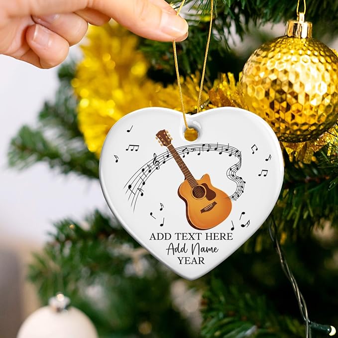 Customized Guitar Christmas Ceramic Ornaments, 2026 Christmas Ornament Gift for Guitarist Teacher, Personalized Guitar Player Xmas Ornament with Text Name & Year, Instrument Xmas Tree Decor