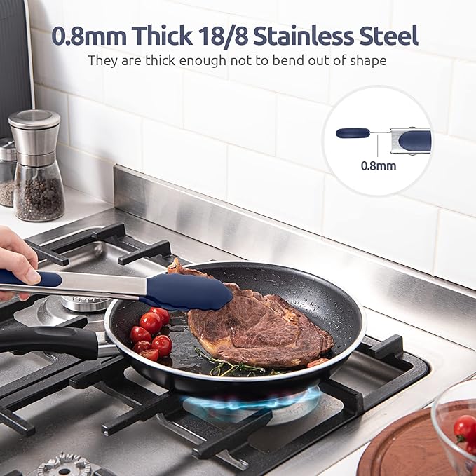 600ºF Heat Resistant Kitchen Tongs: U-Taste 9+12 inch Silicone Cooking Tong Set with Firm Sealed Non Stick Rubber Tips and Silicon Coated 18/8 Stainless Steel Handle for Serving Grilling-Midnight Blue