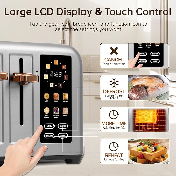 SEEDEEM 4-Slice Touchscreen Toaster, Stainless, 7 Shade, 1800W, Silver