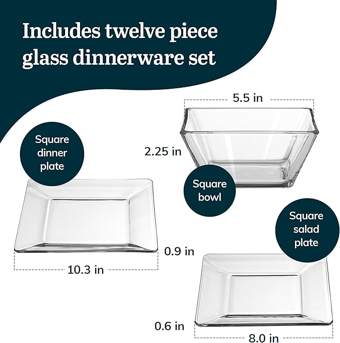 Libbey Tempo Glass Dinnerware Set, Sleek Square Clear Glass Plates and Bowls Set of 12, Dishwasher Safe Dinnerware for Parties or Everyday Use