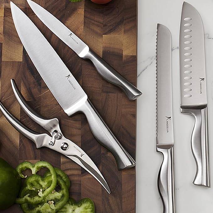 Kangdelun 15-Piece Ultra Sharp Kitchen Knife Set with Wooden Block, Exclusive Ergonomic Anti-Slip Handle, High-Carbon 50CR15MOV Steel, Angled Design, Natural Wood Block
