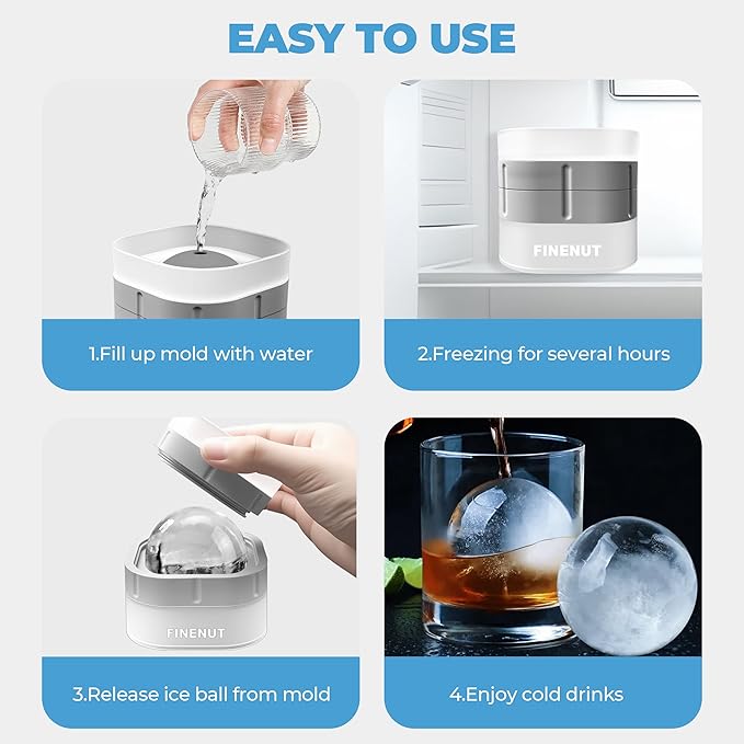 FINENUT Silicone Ice Ball Mold with Lid, 4 Pack – 2.5 Inch Large Sphere Round Ice Maker, Easy Release BPA-Free Silicone Trays for Whiskey & Cocktails, Home Bars & Freezer (Multicolor-Premium)