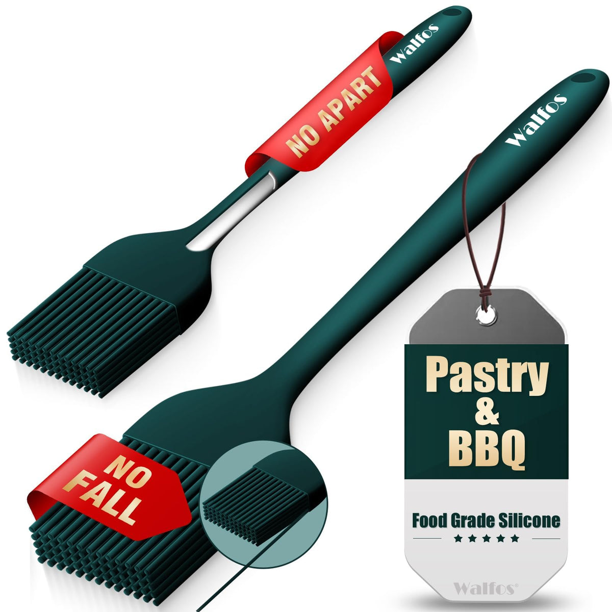 Walfos 600°F Heat Resistant Silicone Basting Brushes BPA Free Pastry Brush, Spread Oil Butter Sauce for BBQ Grill Baking Kitchen Cooking, Dishwasher Safe (2 SIZE)