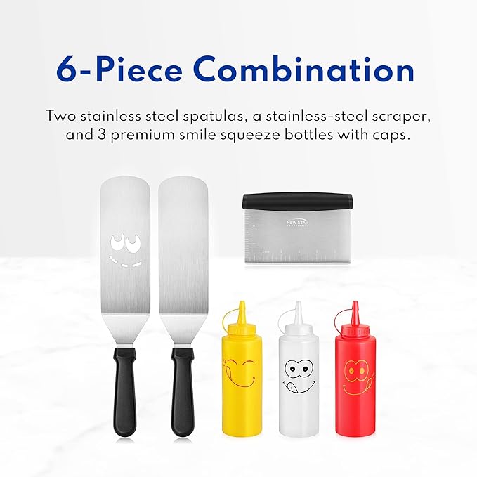 New Star Foodservice Stainless Steel BBQ/Griddle Tool Set, 6-Piece Set Includes Spatulas, Dough Scraper with Measurements, & Squeeze Bottle Set