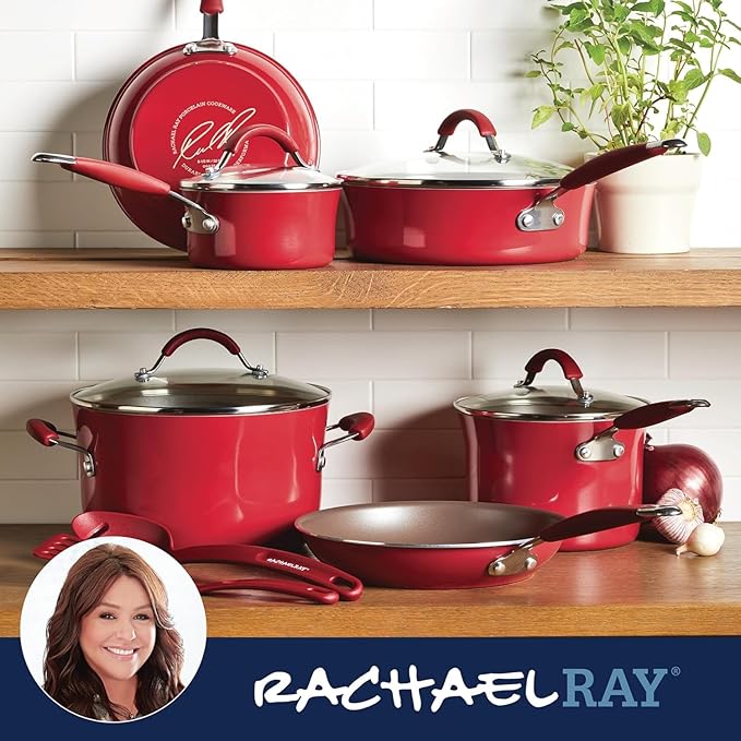 Rachael Ray Cucina Nonstick Cookware, Cranberry Red Pots and Pans Set, 12-Piece